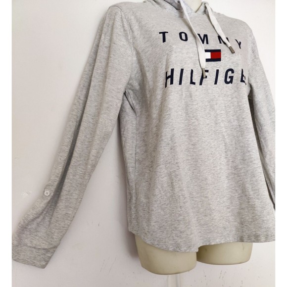 Tommy Hilfiger Hooded Sweatshirt Gray Pullover Logo Lettering Women's Size Med - Picture 4 of 7